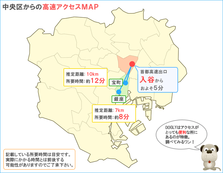 中央区から車でのアクセスマップ